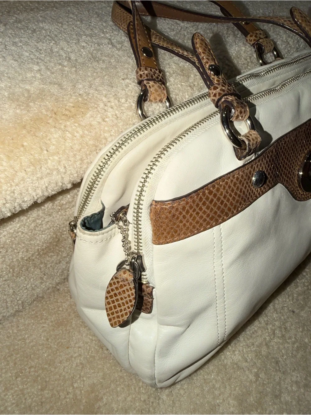 Coach Penelope Leather Satchel Ivory with Brown Snakeskin Trim Purse Handbag